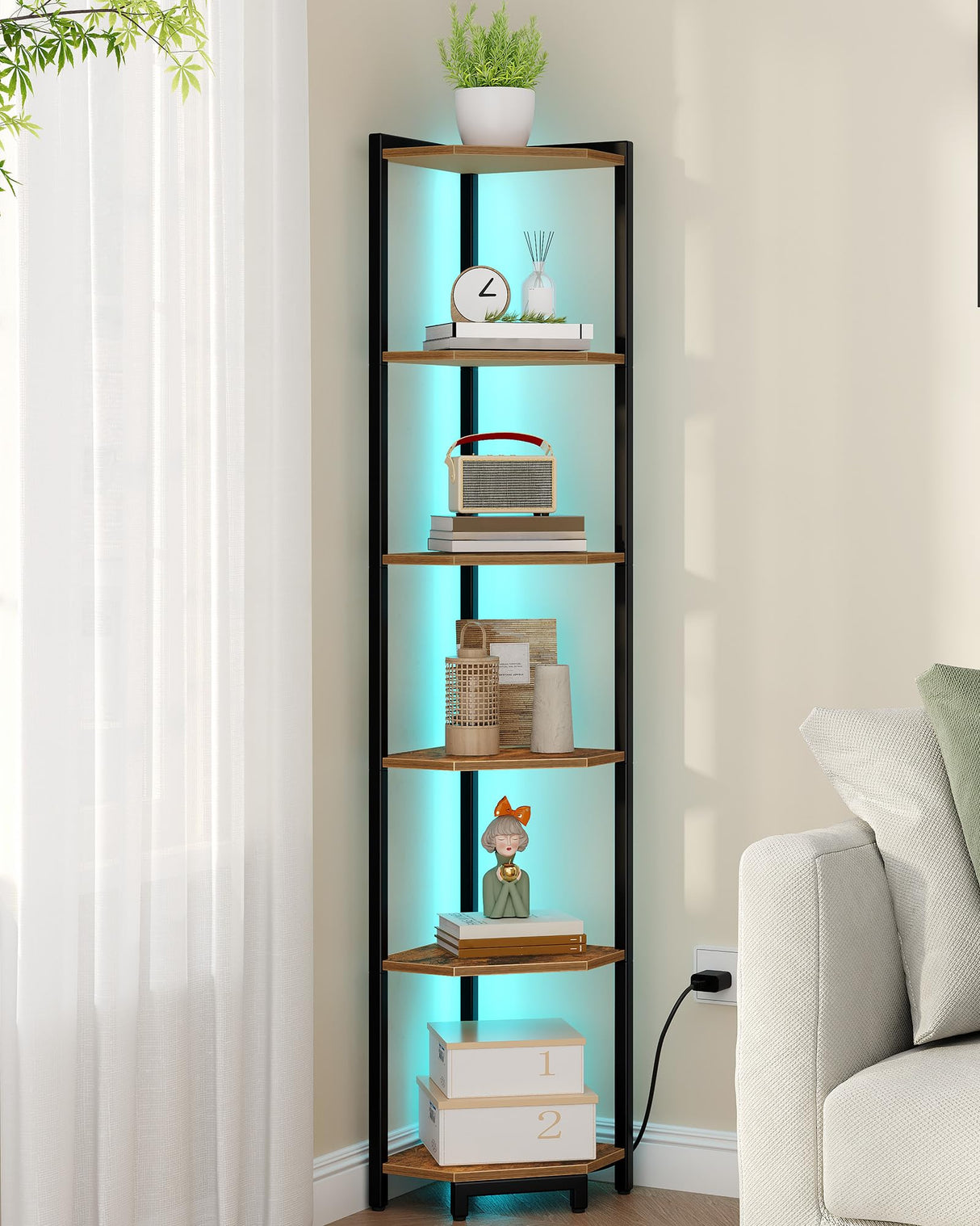 Hzuaneri Corner Shelf with LED Light, 6-Tier Corner Bookshelf, Tall Narrow Display Bookcase with Metal Frame, Standing Shelf for Small Space, Living Room, Home Office, Bedroom, Rustic Brown CS66601B Hzuaneri