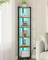 Hzuaneri Corner Shelf with LED Light, 6-Tier Corner Bookshelf, Tall Narrow Display Bookcase with Metal Frame, Standing Shelf for Small Space, Living Room, Home Office, Bedroom, Rustic Brown CS66601B Hzuaneri