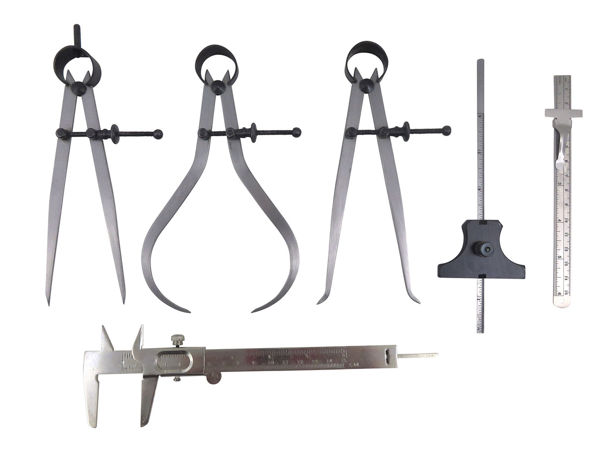 Taytools 6 Piece Measuring Set/Kit with 6" Spring Dividers, Inside & Outside Calipers, Depth Gauge, Pocket Ruler, Vernier Caliper 113500 Taytools