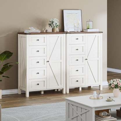 DWVO 5 Drawer Dresser - Farmhouse Chest of Drawers for Bedroom, 46" Tall Modern Dresser Cabinet with Barn Doors, Wood Storage Organizer for Living Room, Hallway, Closet, White