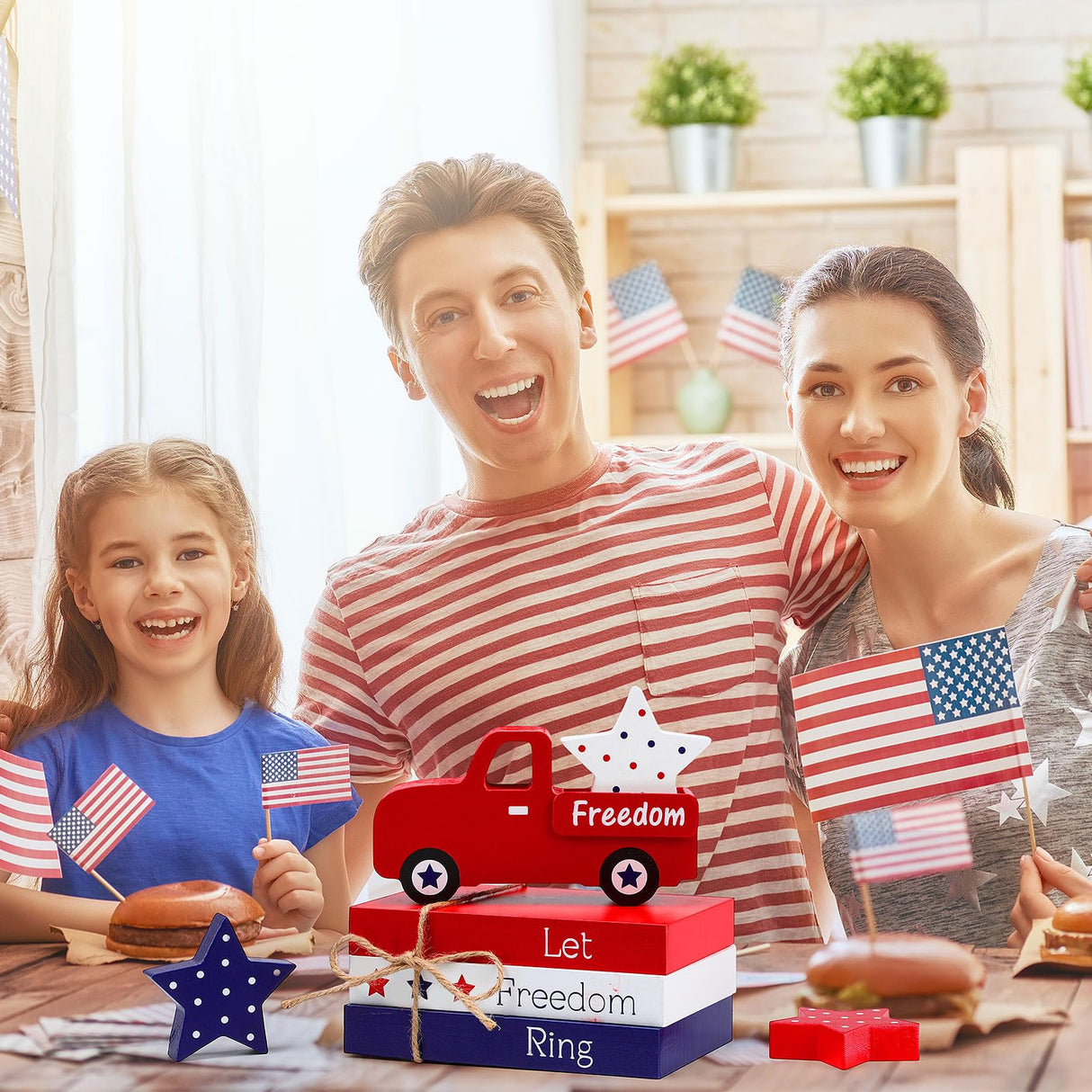 Marsui 5 Pieces Patriotic Table Decorations 4th of July Wood Blocks Let Freedom Ring Centerpieces American Wood Book Stacks for Independence Day Memorial Day Home Indoor Table Topper Tiered Tray Decor Marsui