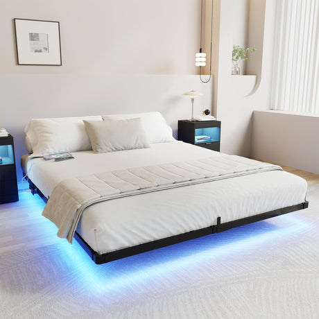 Gadroad LED Floating Queen Bed Frame with Charging Station and Metal Slats Support Gadroad