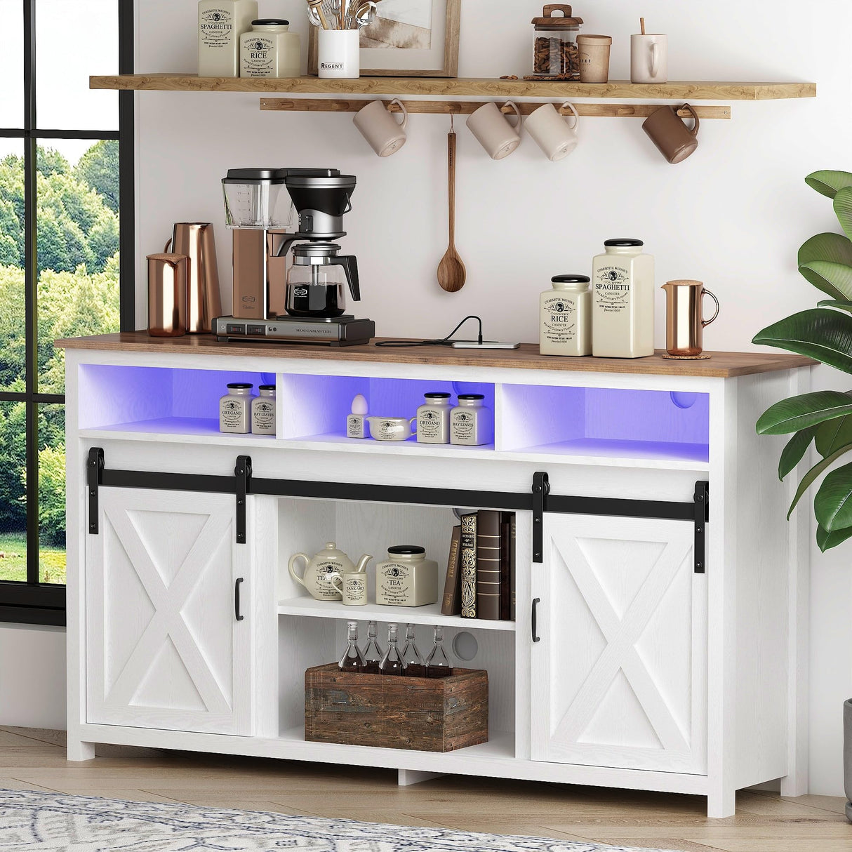 Bolonbi Farmhouse Coffee Bar Cabinet Rustic Sliding Barn Door Storage Cabinet with Power Outlet, Buffet Server Sideboard Cupboard Table for Dining Room Entryway Kitchen White Bolonbi