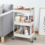 TOOLF 3-Tier Rolling Cart with Table Top, Metal Storage Cart on Wheels, Utility Organizer with Wooden Tray, Lockable Casters, Easy Assembly for Bathroom, Living Room, Office, Kitchen, White TOOLF