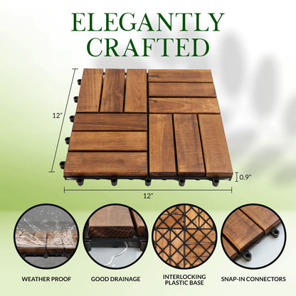 Acacia Wood Interlocking Deck Tiles for Outdoor/Indoor - (Pack of 10) 12"x12" All Weather Balcony Flooring - Snap Click Together Patio Tiles - Portable Waterproof Dance Floor Covering, Outside Walkway