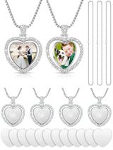 Junkin 24 Pcs Sublimation Rhinestone Trays Pendant Set, Including 6 Heart Shape Double Sided Blank Rhinestone Bezel Trays, 6 Pcs Thick Chains with 12 Sublimation Discs for Making (Silver) Junkin