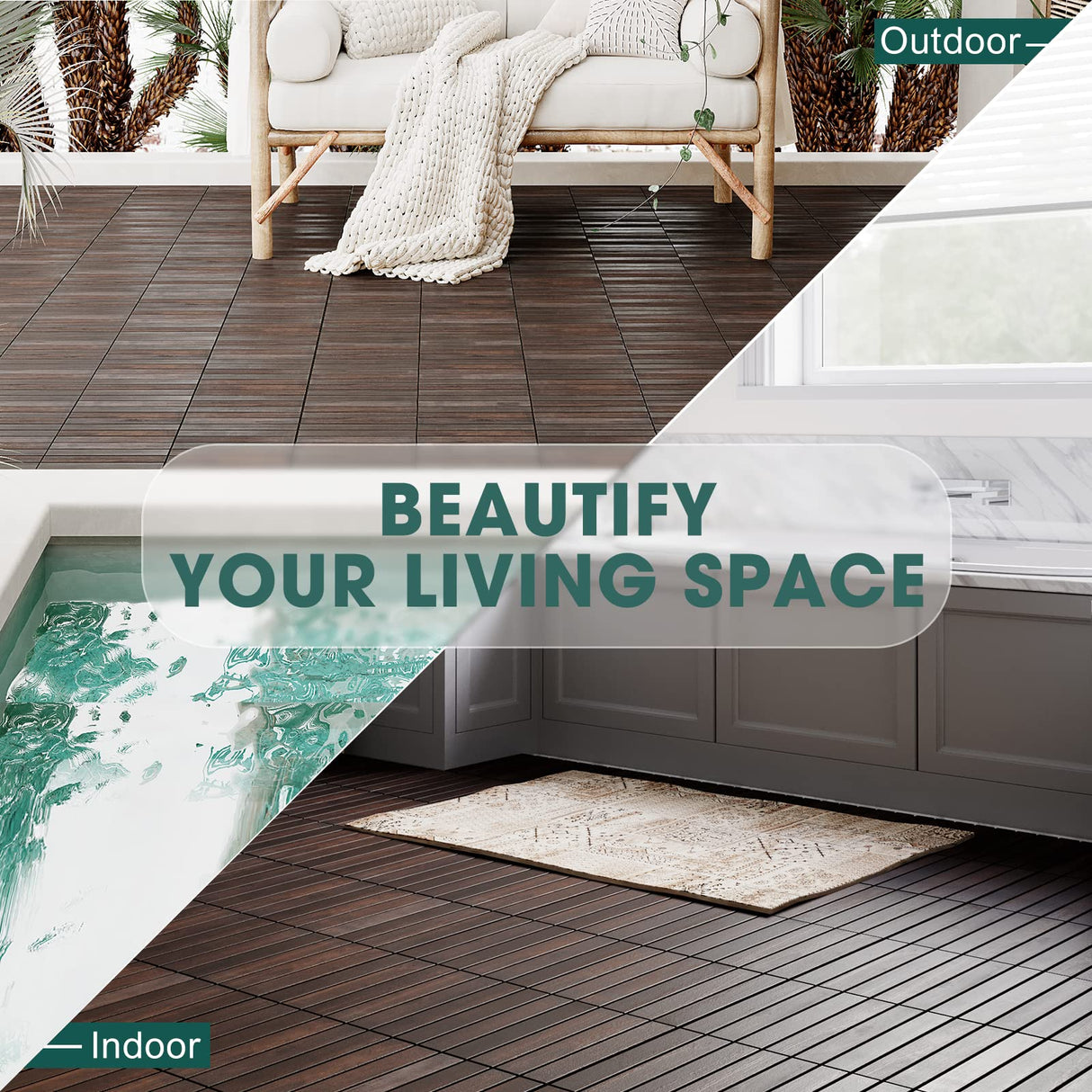 Idzo Interlocking Deck Tiles - 10PCS Waterproof Acacia Wood Patio Tiles, Flooring Tiles for Both Indoor and Outdoor - Decking Stripe Pattern, Dark Brown, 12 x 12 x 0.9 inches IDZO