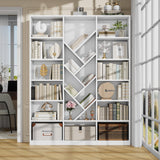 Nosepen 71" White Bookshelf, 6-Tier Floor Standing Bookcase with 13 Square Storage, Tall Bookshelf with Adjustable Shelves, Modern Tree Style Display Organizer for Office, Living Room, Library, White Nosepen