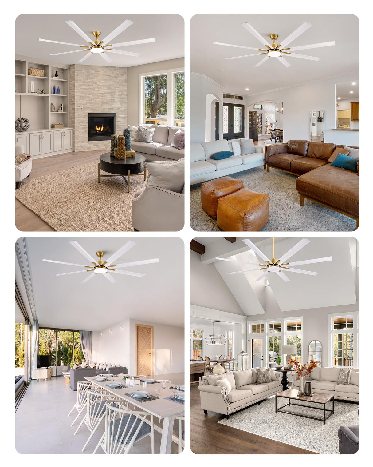 VONLUCE 72 Inch Ceiling Fans with Lights, Large Industrial Ceiling Fan and Remote, 8 Aluminum Blades, 6 Speeds Quiet Reversible DC Motor, Metal Ceiling Fan for Farmhouse Living Room Office, White Gold VONLUCE