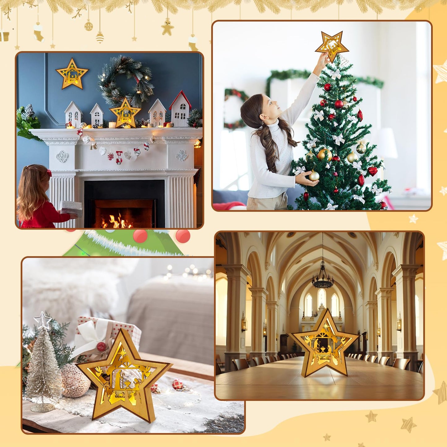 GUDELAK Nativity Christmas Tree Topper Star Lighted, 3D Wooden Star Tree Toppers Christmas Decorations, Christmas Tree Star Topper with Lights for Small Nativity Scene Indoor Christmas Decorations