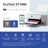 Epson EcoTank ET-2980 Wireless All-in-One Color Supertank Printer with up to 3 Years of Ink, Refillable Tanks, Perfect for Home, 15 PPM, 1.44" Color Screen, Auto 2-Sided Printing - White Epson