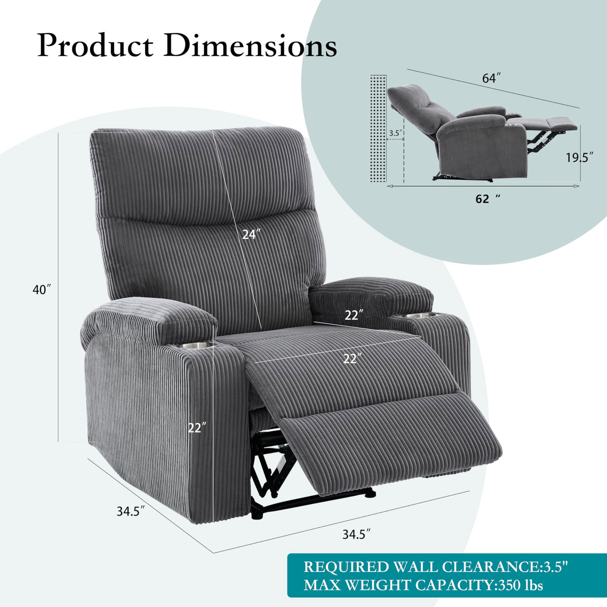 Manual Recliner Chair with Pull Ring, 3 Position 140° Reclining Sofa for Living Room, Nursery, RV, and Office,Oversized Recliner Chairs for Adults(Grey Corduroy Fabric) AIWOEN