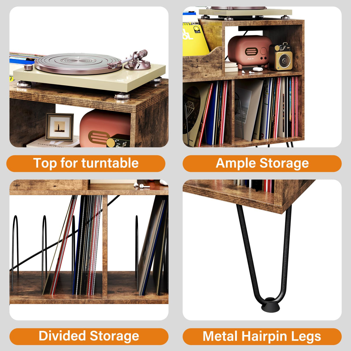 TC-HOMENY Record Player Stand with Vibration-Isolated Turntable Design, Vinyl Record Storage Table with Charging Station, Mid-Century Modern Turntable Stand TC-HOMENY
