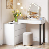 MIIFUNY Corner Vanity Desk with Mirror and Lights, Makeup Vanity with Charging Station, Extendable Dressing Table with Drawers and Dresser for Women Girls, White MIIFUNY