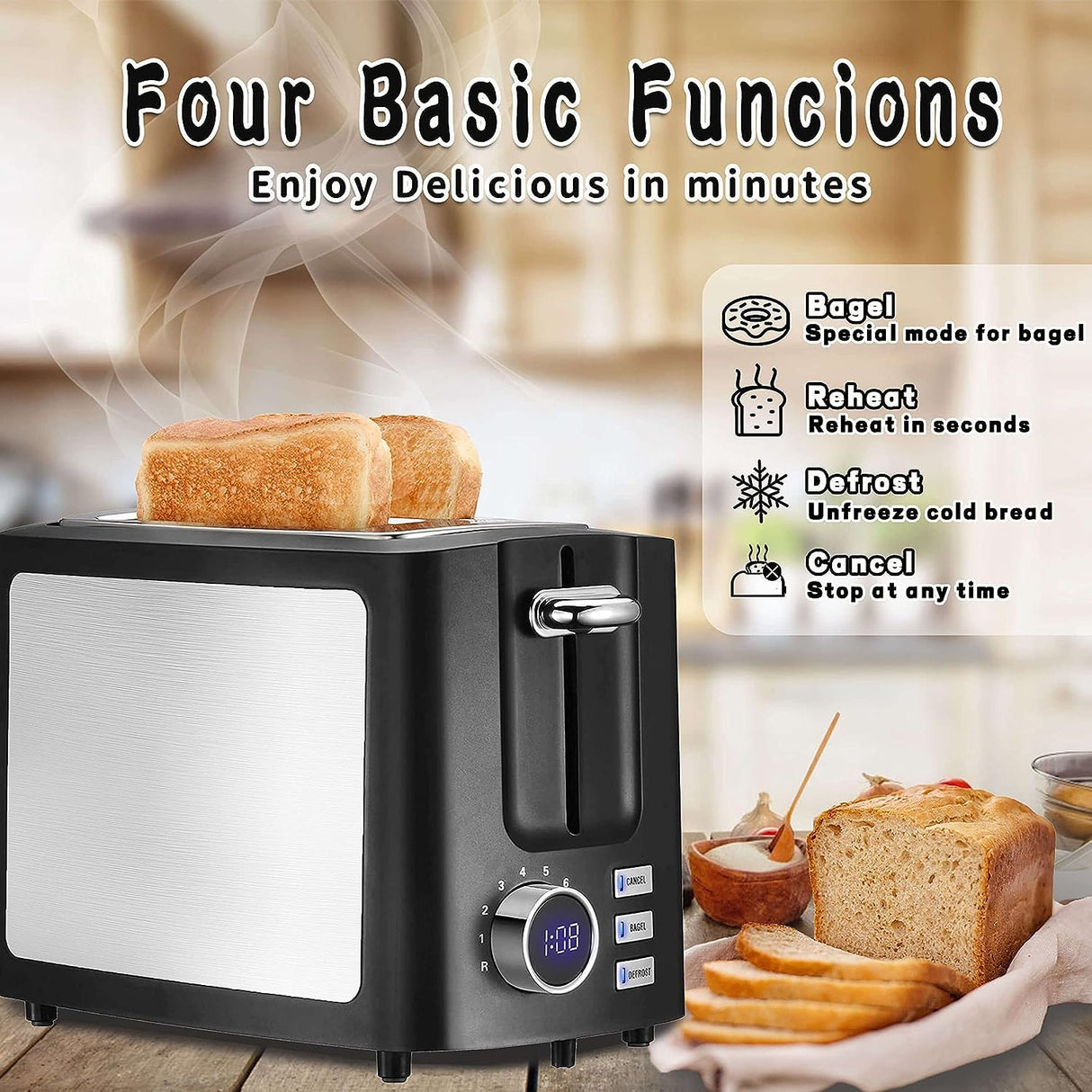 Toaster 2 Slice Wide Slot Toaster Best Rated Prime Displav Smart Toasters with LCD Digital Countdown Timer and Bagel/Defrost/Cancel/Reheat Function Hommater