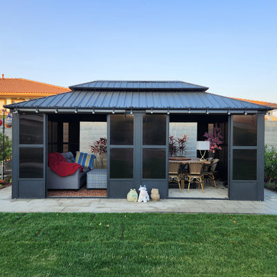 PURPLE LEAF 12' X 20' Solarium Sunroom Permanent Hardtop Gazebo Galvanized Steel Double Roof Aluminum Outdoor Enclosed Gazebo for Lawn Deck Backyard Grey