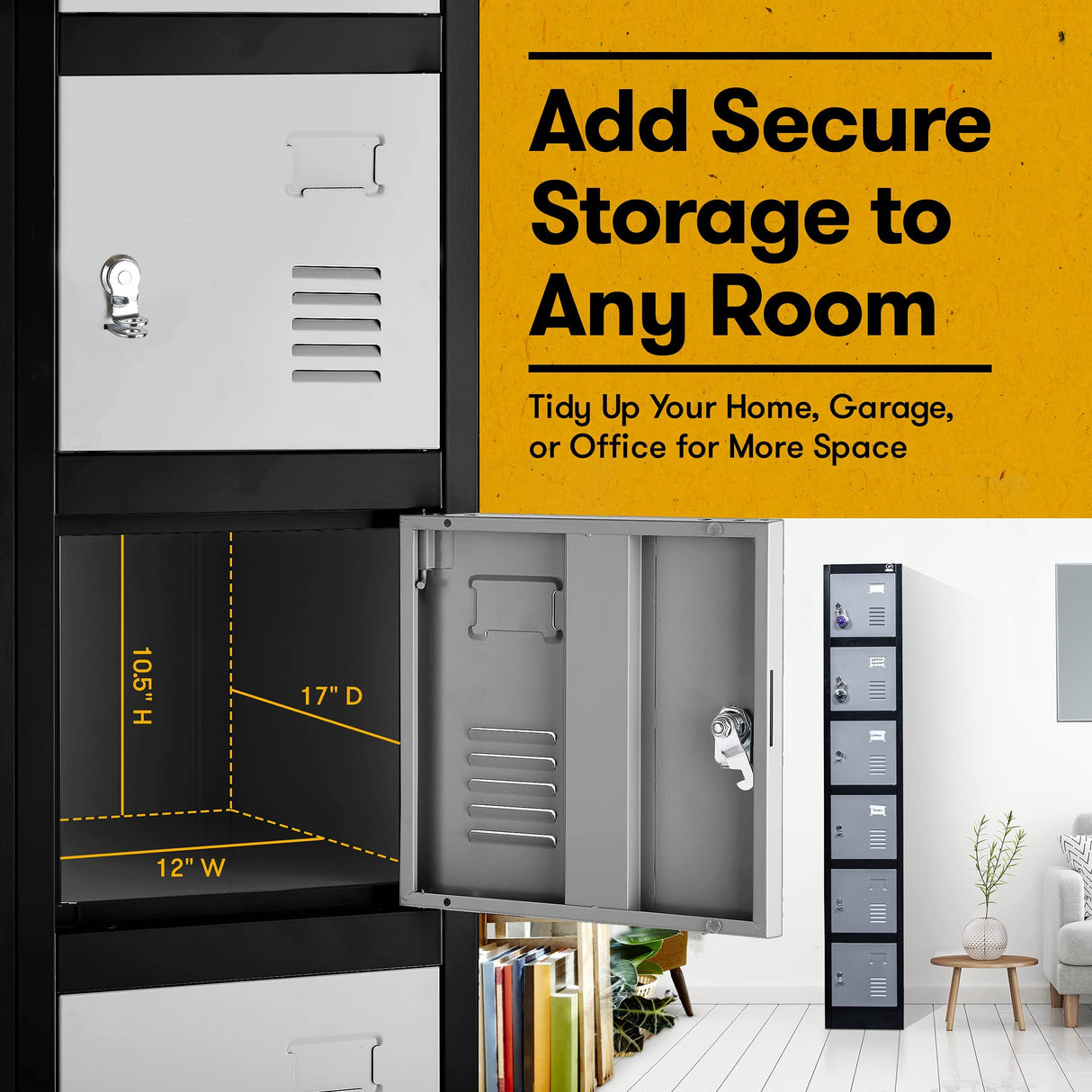 Fedmax Locker Storage Cabinet - 6 Metal Wall Lockers for School, Gym, Home, Office Employee Lock Box, 71 Inches High - Black/Grey Fedmax