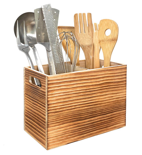CB Accessories Utensil Holder in Rustic Wood for Kitchen Countertop Organizer and Cooking Tools Storage (Double Compartment) CB Accessories