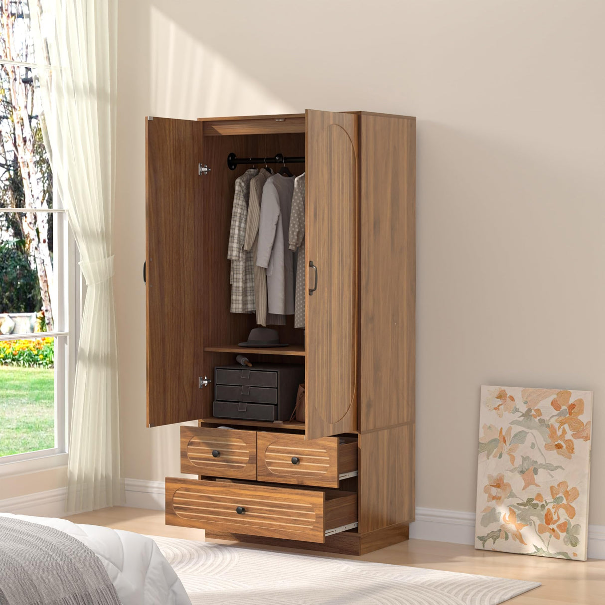 Jluomei Armoire Wardrobe Closet with Doors, Wardrobe Cabinet with 3 Drawers, Wooden Large Clothing Storage Cabinet with Hanging Rod and Shelf, Mid-Century Modern Tall Closet for Bedroom, Walnut Jluomei