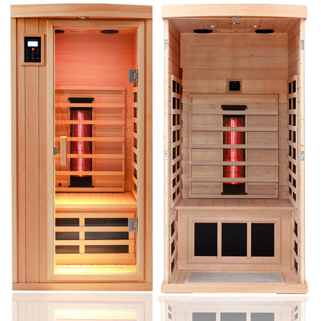 KUNSANA Ceramic Infrared Sauna 1 Person Infrared Sauna Hemlock Far Infrared Saunas for Home 2 in 1 Indoor Sauna Room with Low EMF Heaters + Ceramic Heating Cube-Chromotherapy-Bluetooth Speaker KUNSANA