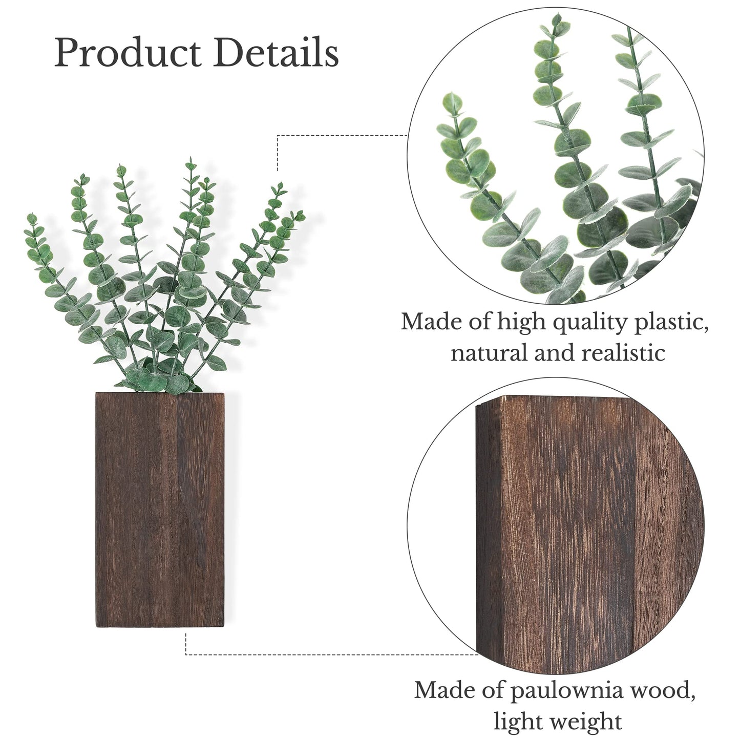 Dahey 2 Pack Wood Wall Planter Vase with Artificial Eucalyptus Farmhouse Wall Hanging Decor Pocket Planter for Indoor Fake Plants Greenery, Living Room Bedroom Kitchen Home Office Decoration