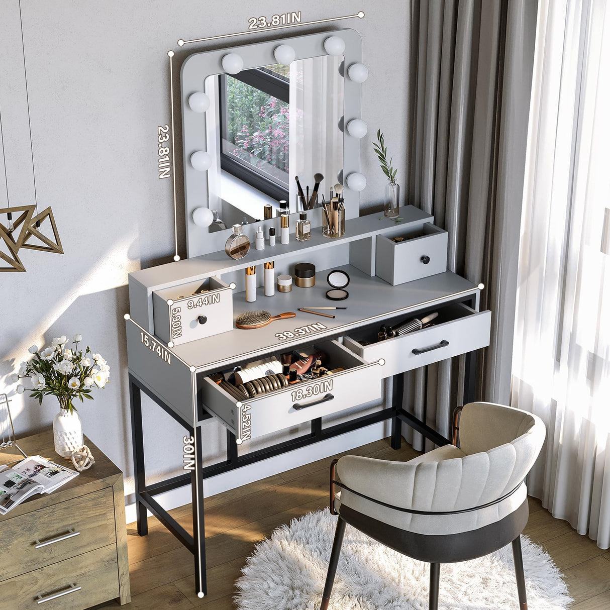Sunvivi Vanity, Makeup Vanity Desk with 3 Color Dimmable Lighted Hollywood Mirror, White Vanity with 4 Drawers, Large Dressing Table for Women Girls Sunvivi