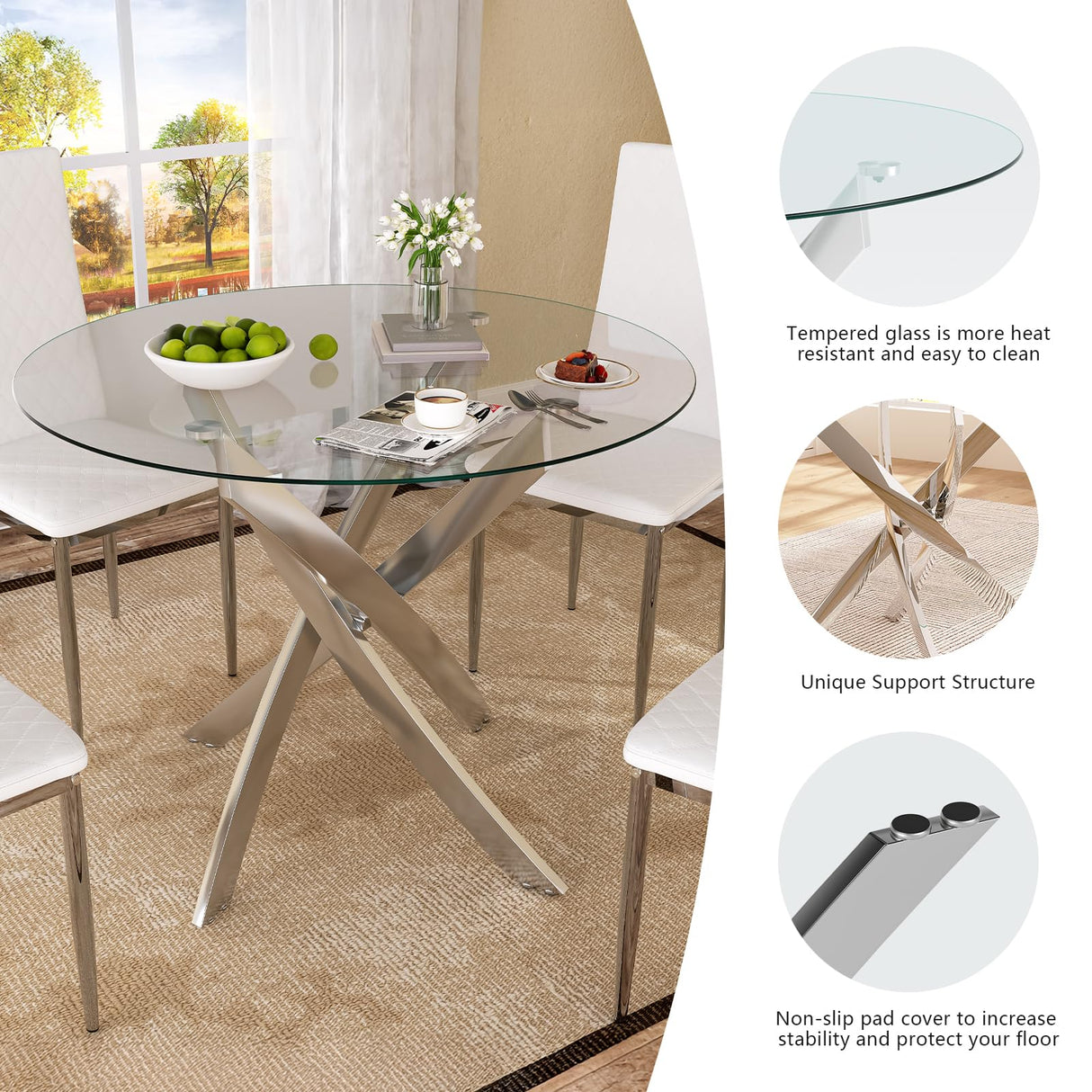 QJZLXKYT Round Dining Table Set for 4, Modern Glass Dining Room Table with Chairs, 5 Piece Kitchen Table and Chairs Set, for Living Room, Small Space (Include 4 White Chairs) QJZLXKYT
