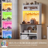 YITAHOME Bakers Rack with Power Outlet and Storage Farmhouse Microwave Stand with LED Lights Heavy Duty 5-Tier Coffee Bar Cabinet Station with 7 Hooks for Kitchen Dining Room Living Room White YITAHOME