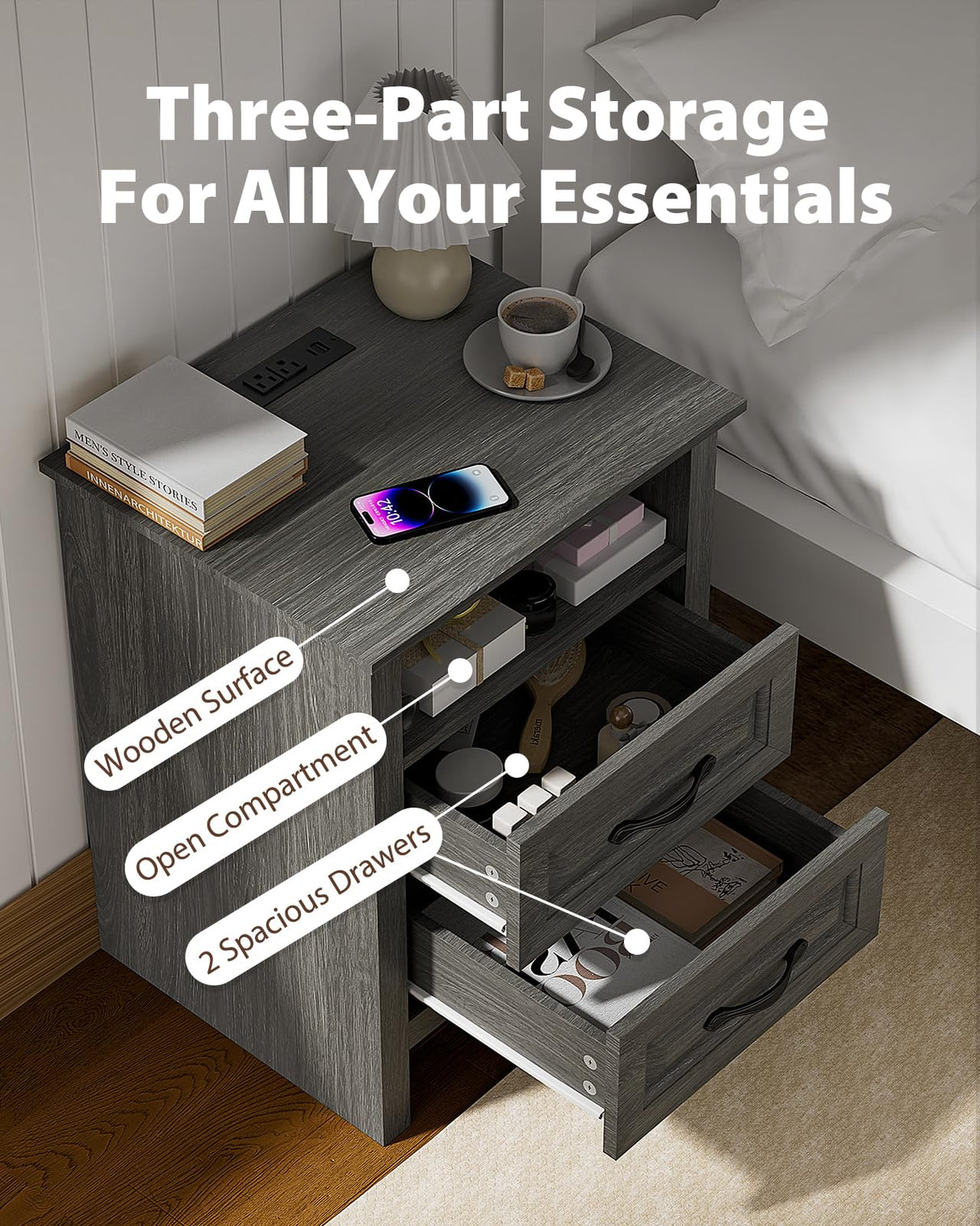 Amada Farmhouse Nightstand with Charging Station, 18.9 Inch Wide Bedside Table with 2 Drawers, USB A Port, USB C Port, 2 AC Outlets, Rustic Farmhouse End Table for Bedroom, Gray AMADA HOMEFURNISHING