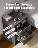 Amada Farmhouse Nightstand with Charging Station, 18.9 Inch Wide Bedside Table with 2 Drawers, USB A Port, USB C Port, 2 AC Outlets, Rustic Farmhouse End Table for Bedroom, Gray AMADA HOMEFURNISHING