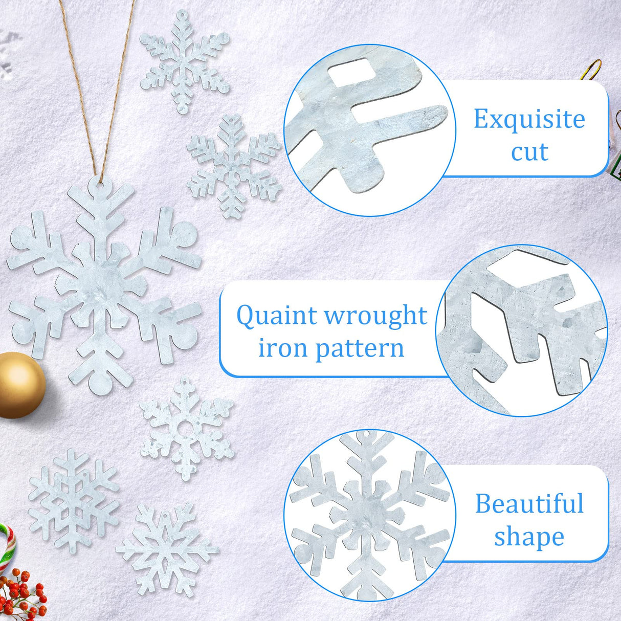 Oudain 6 Pieces Metal Snowflake Ornaments Christmas Galvanized Snowflake Hanging Ornament Farmhouse Snowflake Tree Hanging Decoration for Xmas Winter Party Decor, 5.12 Inch, Silver Oudain