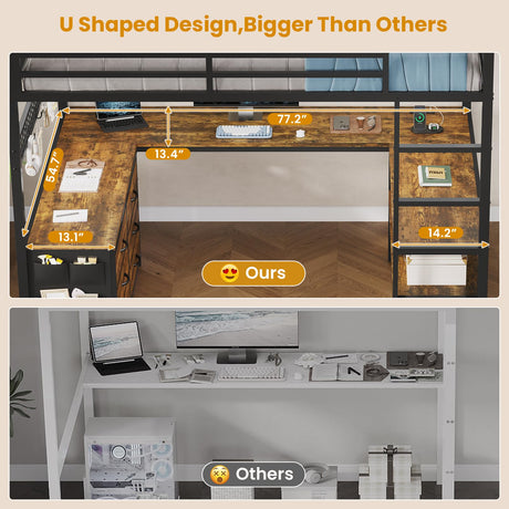 ADORNEVE Loft Bed Full Size with U-Shaped Desk, 6 Storage Drawers, Power Outlet, LED Metal Loft Bed with 2 Storage Shelves, Bed with Safety Guardrail & Ladders, No Box Spring Needed, Rustic Brown ADORNEVE