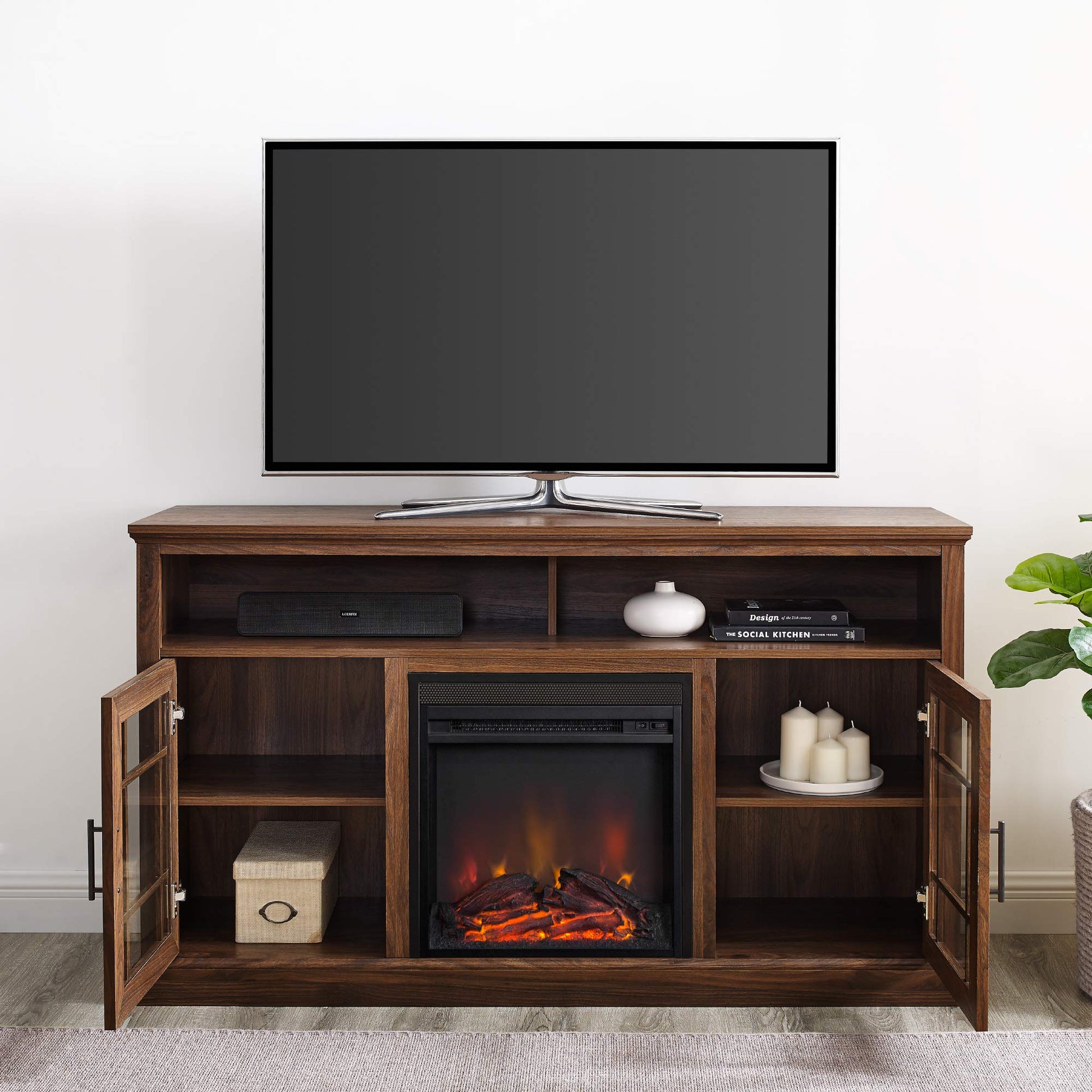 Walker Edison Hoxton Classic 2 Glass Door Fireplace Stand for TVs up to 65 Inches, 58 Inch, Dark Walnut - WoodArtSupply