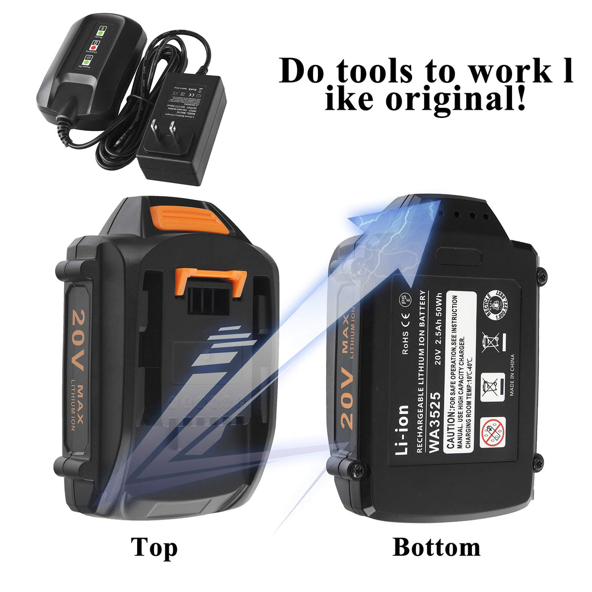 Cell9102 Replacement 20V Battery and Charger Starter Kit, WA3520 Lithium Battery and Charger WA3742 with 20-Volt Cordless Power Tools CELL9102