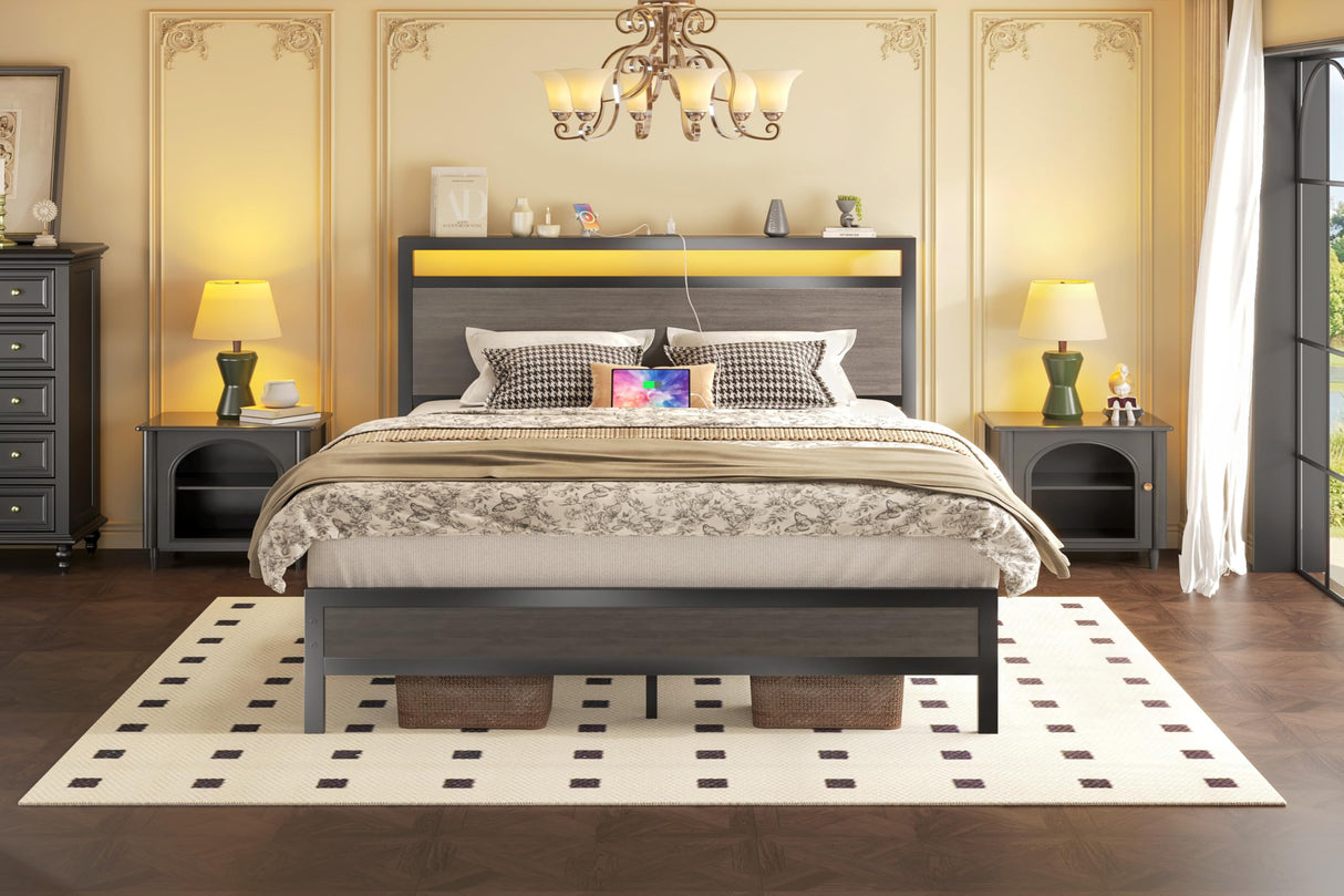 Fluest Queen Bed Frame with Headboard & Footboard, Bed Frame with Built-in Charging Station & LED Light, Storage Shelf, Noise-Free, No Box Spring Needed, Easy Assembly, Rustic Grey Fluest