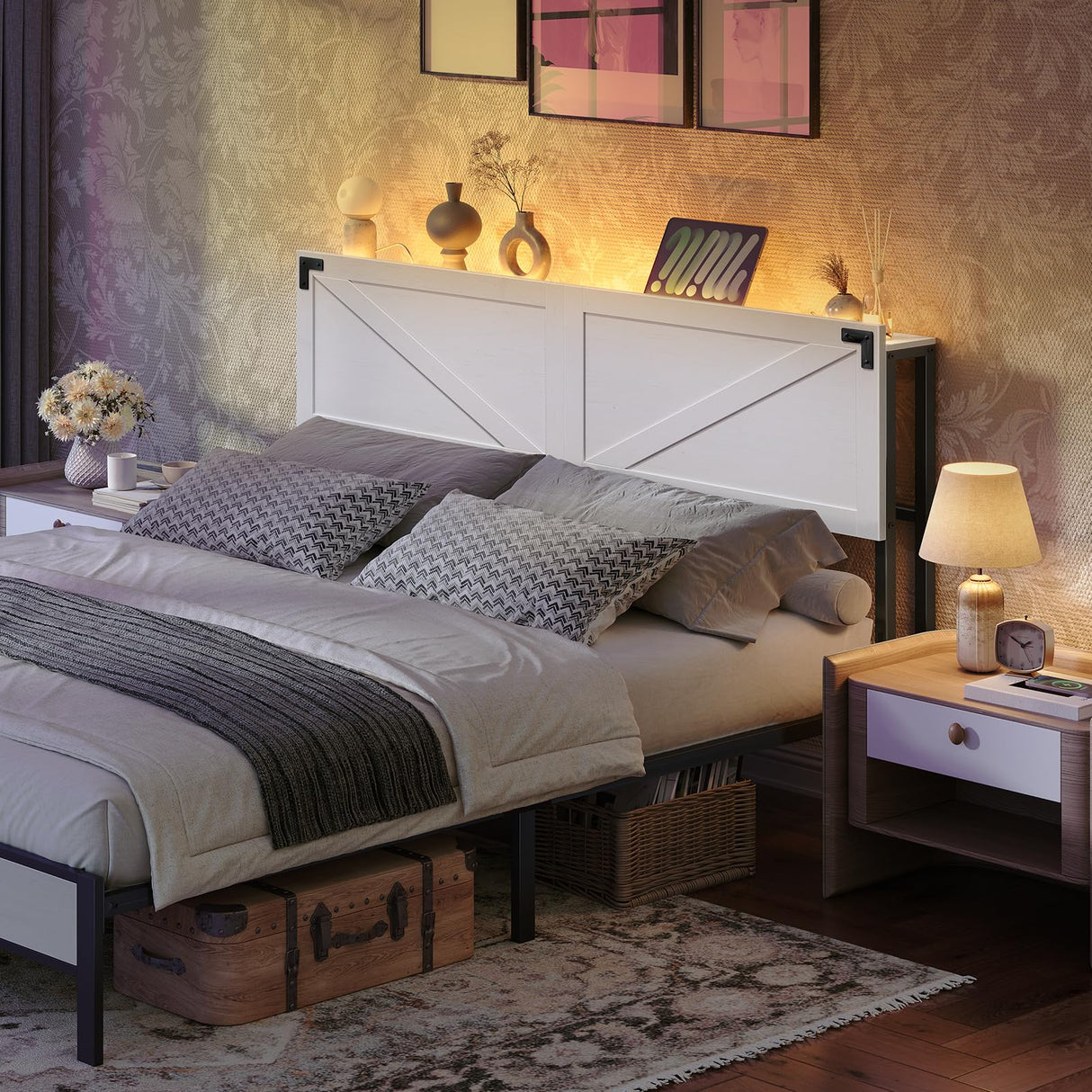 MAHANCRIS Queen Size Headboard Only, Headboard with 2 Outlets and 4 USB Ports, Farmhouse Headboard, with LED Lights, Secure Storage with Raised Fence, with Bed Frame Adapter, White and Black MAHANCRIS