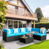 Pamapic 7-Piece Outdoor Furniture,All-Weather Wicker Modular Sectional Sofa with Patio Crystal Coffee Table, Adjustable Reclining Sectional Couch with Washable Removable Cushion Covers, Light Blue Pamapic