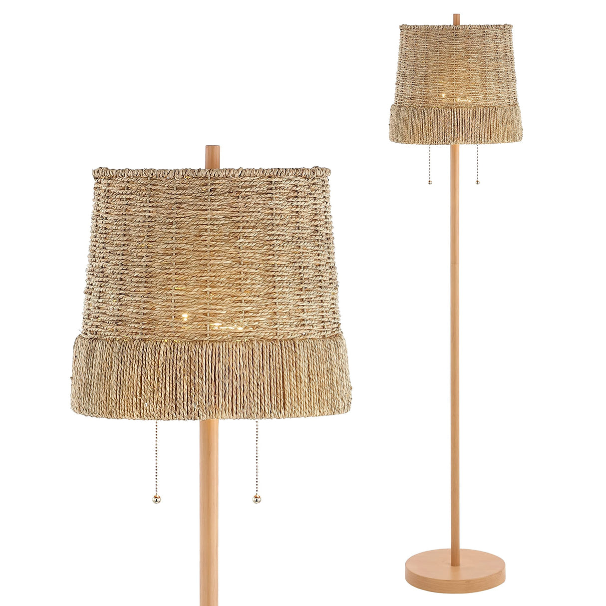 JONATHAN Y JYL3091A Ocata 61" 2-Light Coastal Bohemian Iron/Rattan LED Floor Lamp with Pull-Chain Farmhouse, Rustic Standing Reading Lamp LED Bulb Included, Brown Wood Finish JONATHAN Y