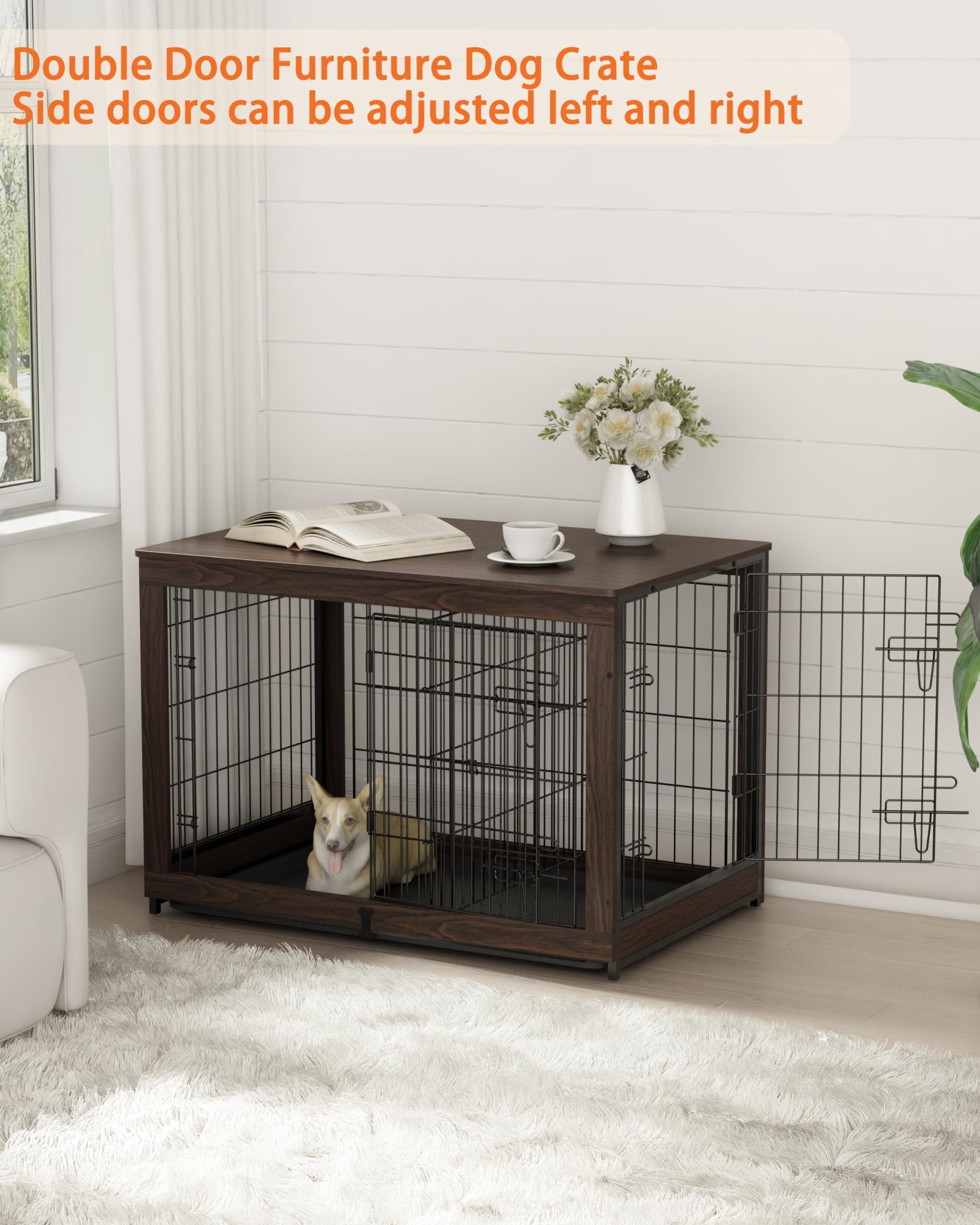 Piskyet Wooden Dog Crate Furniture with Divider Panel, Dog Crate End Table with Fixable Slide Tray, Double Doors Dog Kennel Indoor for Large Dogs(L:37.8 * 25.1 * 26.3inch,Brown Walnut) - WoodArtSupply