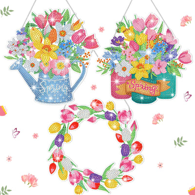 Menkxi 3 Set 5d Spring Diamond Painting Hanging Spring Flower Diamond Art Kits Sign Wreath Tulip Spray Bottle DIY Crystal Paint Arts and Crafts Set for Garden Door Window Ornaments