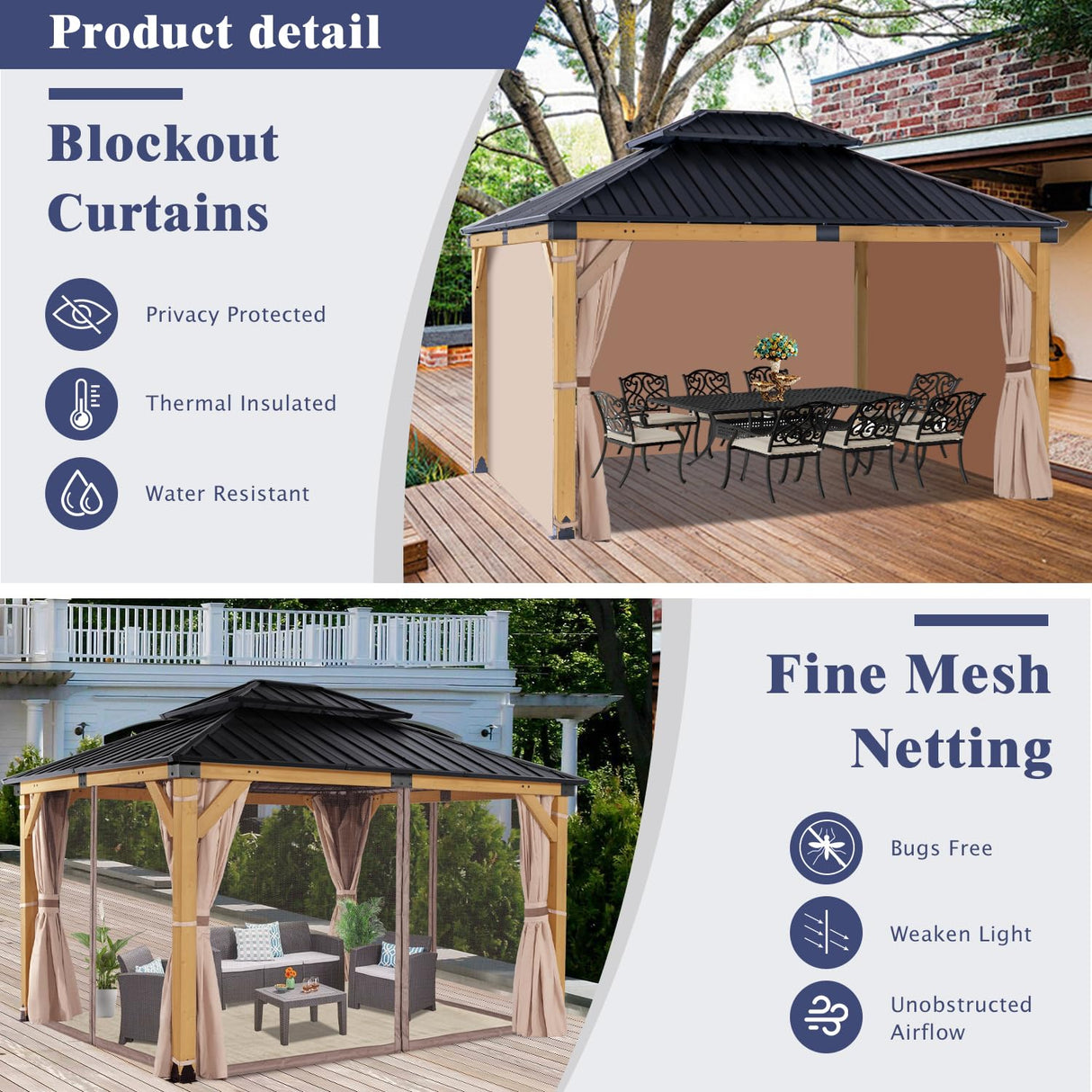 CHARMELEON 10'x12' Wood Gazebo,Patio Cedar Wood Gazebo with Mosquito Netting and Curtains, Galvanized Steel Hardtop Pavilion for Outdoor, Garden, Deck CHARMELEON