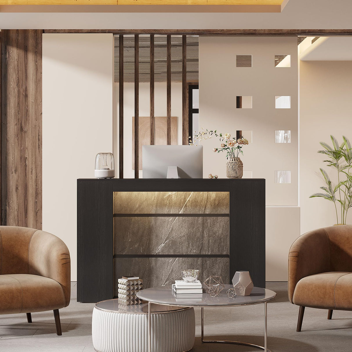 Tribesigns Modern Reception Desk with LED Lights, 63-Inch Front Counter Table for Reception Room, Lobby, Beauty Salon, Retail, Large Checkout Counter for Store Shop Clinic Office (Black&Grey) Tribesigns