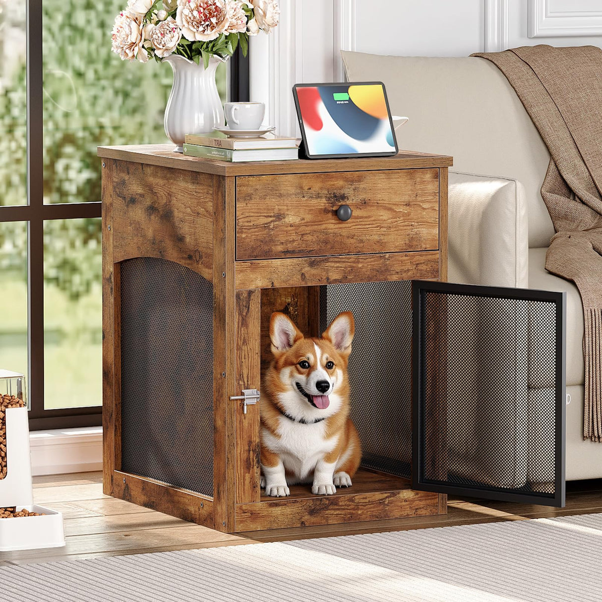 HOOBRO Dog Crate Furniture, Dog Kennel with Drawer and Charging Station, Indoor Decorative Puppy House, Wooden Pet Crate End Table for Small Dogs, Rustic Brown and Black BF58UGW03G1 HOOBRO