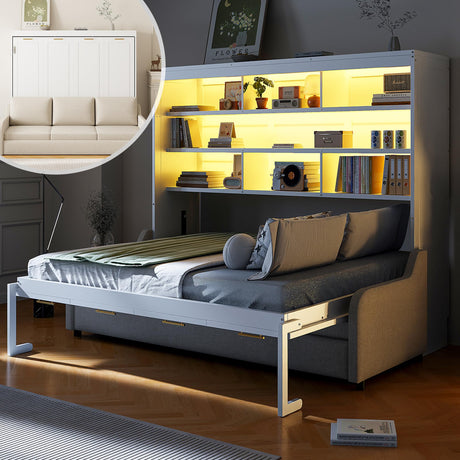 Polibi Full Murphy Cabinet Bed with Folding Sofa & Storage Shelves,LED Light,Solid Wood + MDF,No Box Spring Needed,Space Saving,87.7" L x 60" W,White+Beige Polibi