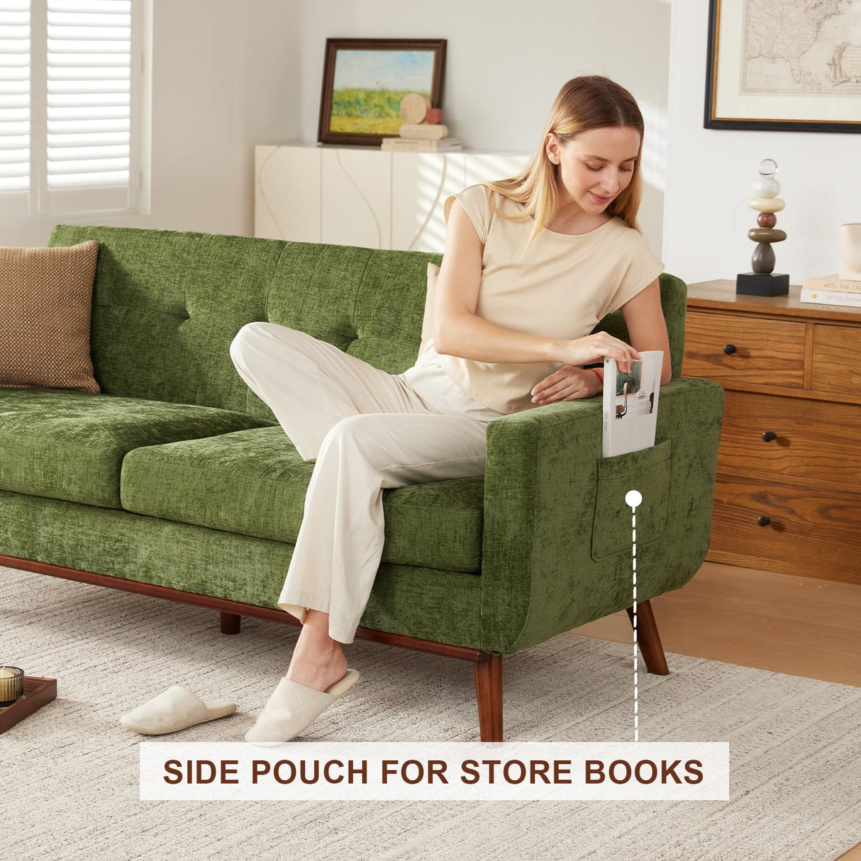 Eiayeebil 77" W Loveseat Sofa Chenille Couch for Living Room,Small Sofa Olive 2 Seater Office Couch for Small Spaces Mid Century Modern, Easy to Install,Green Eiayeebil