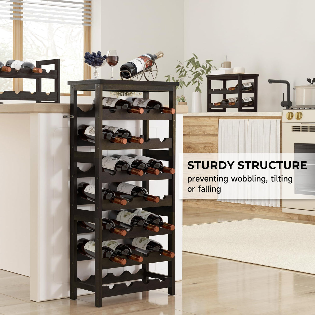 28-Bottle Wine Rack Free Standing Floor, Solid Wood 7-Tier Display Wine Storage Shelves with Tabletop, Wobble-Free Bottle Holder for Cellar Kitchen Bar Dining Room Living Room, Walnut FLYJOE