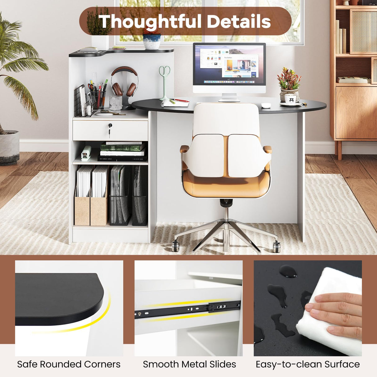 Giantex Reception Desk, Front Counter Desk with Lockable Drawer, Oval Tabletop & Adjustable Shelf, Retail Register Stand, Checkout Table for Office Beauty Salon Reception Room (Black & White) Giantex