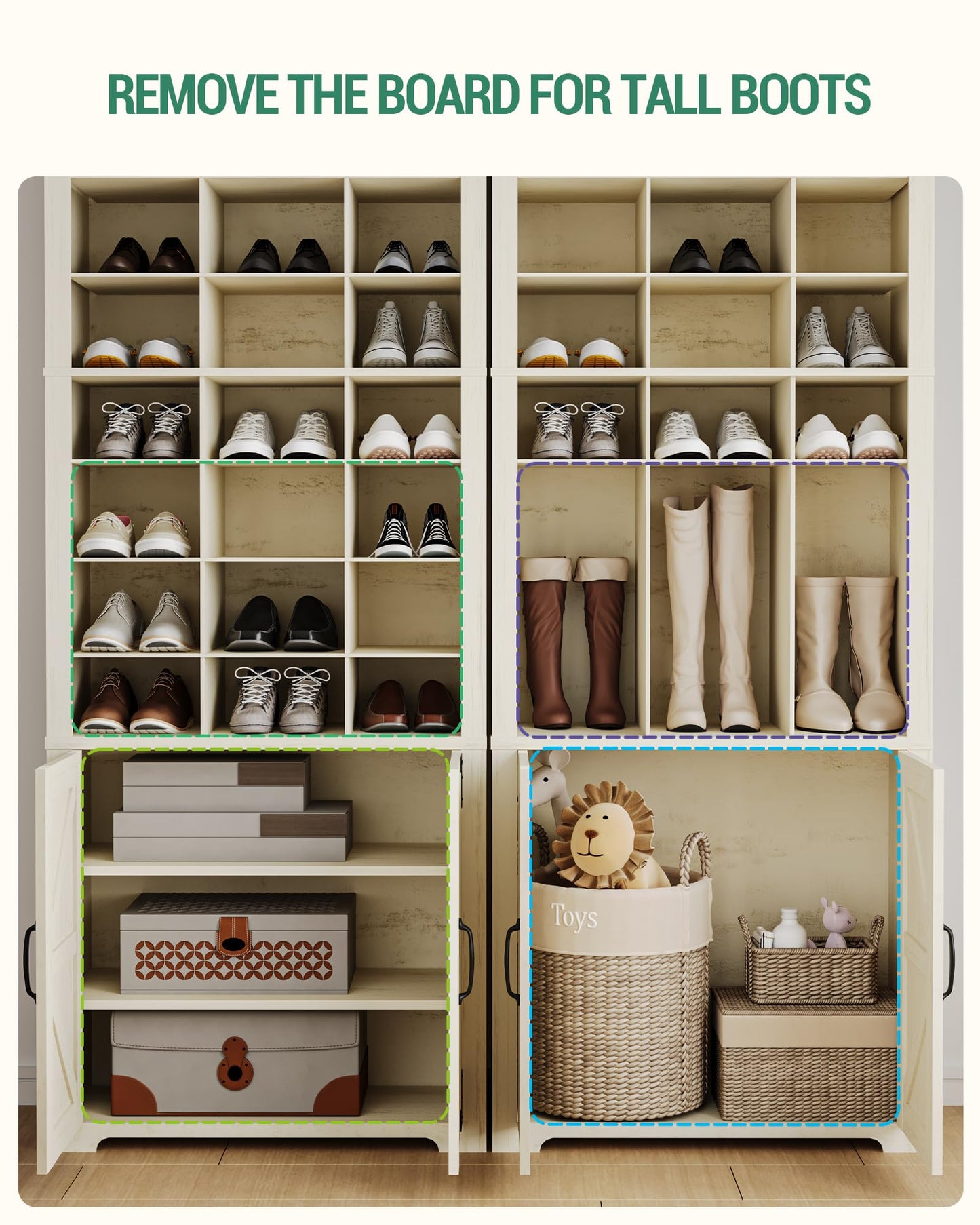 Hzuaneri Shoe Storage Cabinet with Doors, 30 Pairs Free Standing Closet Organizer, 8.8" Widened Cell Wood Shoe Shelves, 10 Tiers Vertical Shoe Rack for Entryway, Bedroom, Rustic White SR20914 - WoodArtSupply