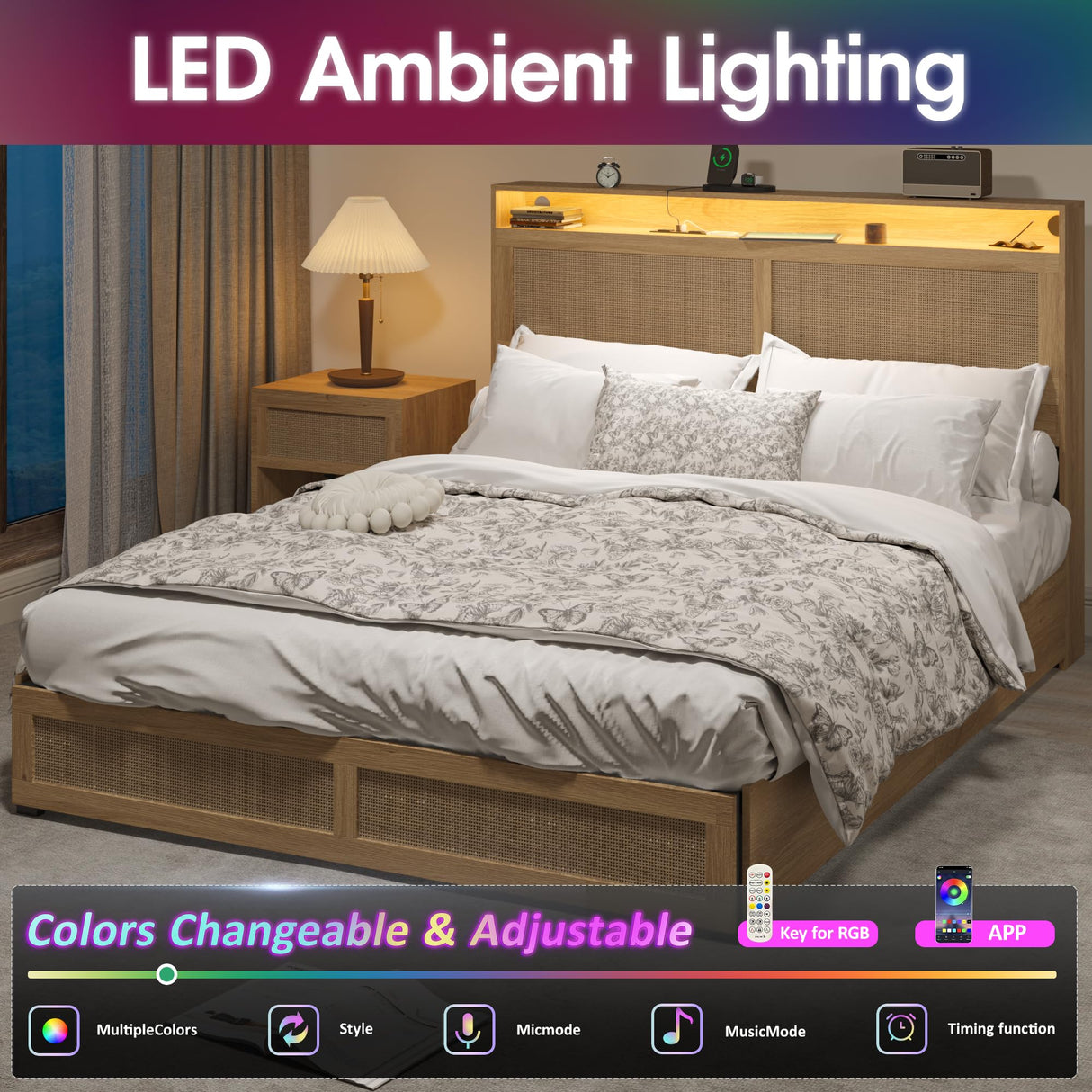 Fameill Boho Full Bed Frame with LED Lighting, Rattan Storage Headboard & 4 Drawers Fameill