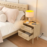 HHETOGOL Rattan Nightstand with Charging Station & 2 Rattan-Like Decor Drawers,Small End Table with Solid Wood Feet for Small Bedroom, Living Room, TTBZ02YE HHETOGOL